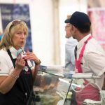 Perthshire On A Plate….05.08.16 
Maureen Young talks with butcher Beaton Lindsay
Picture by Graeme Hart.
Copyright Perthshire Picture Agency
Tel: 01738 623350  Mobile: 07990 594431