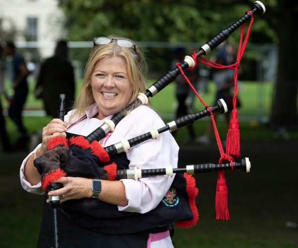 FREE TO USE PHOTOGRAPH.  Perthshire on a Plate..04.08.18
Scottish Chef Jak ODonnell pictured at Perth Show where she spent the day doing cooking demonstrations, meeting local food and drink producers and chatting with the many visitors to Perth Show. Jak enjoying herself whilst meeting pieprs from The Perth & District Pipe Band
for further info please contact Maureen Young on 07778 779888
Picture by Graeme Hart. 
Copyright Perthshire Picture Agency
Tel: 01738 623350  Mobile: 07990 594431